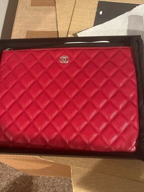 CHANEL Red Quilted Leather Zip Pouch with Silver CC